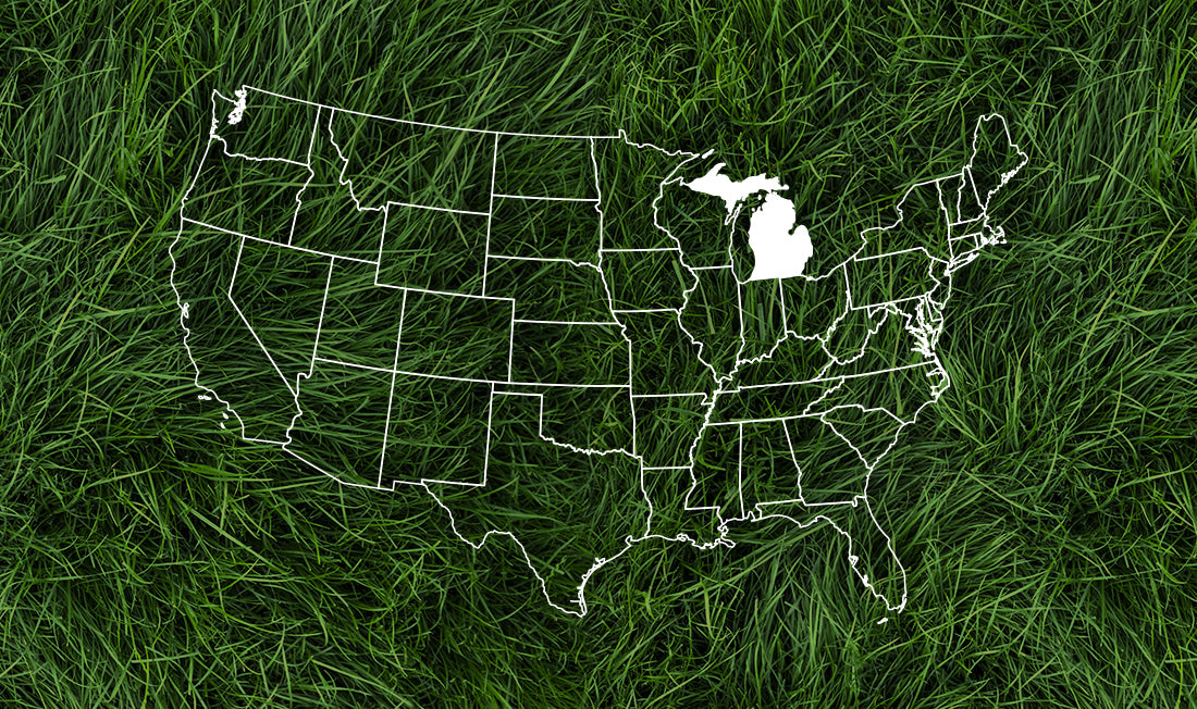 United States outlined in white with a dark green grass background