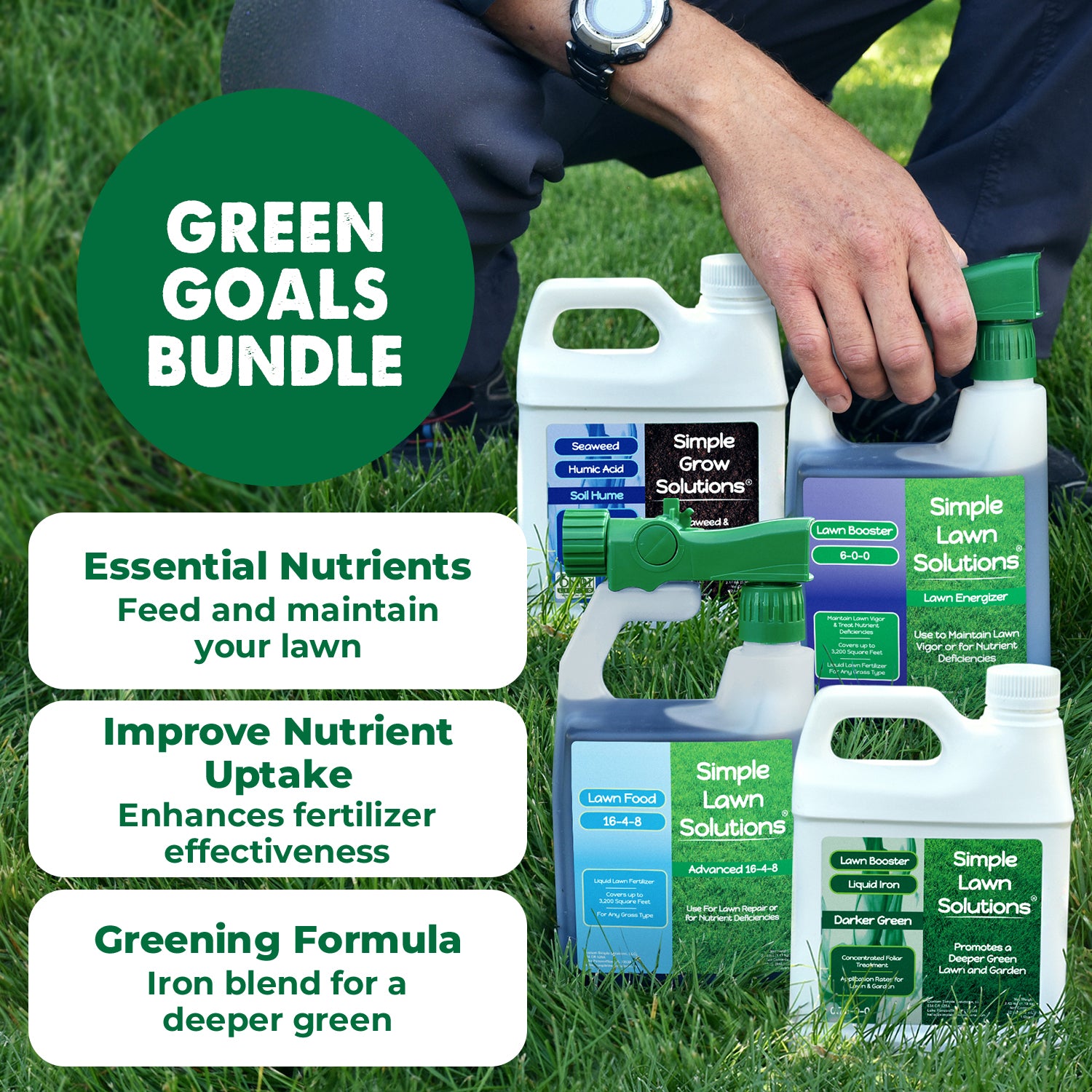 Person holding lawn care products on a lawn with 'Green Goals Bundle' text and product features listed, 'essential nutrients to feed and maintain your lawn, improve nutrient uptake enhance fertilizer efficiency, greening formula iron for a deeper green'