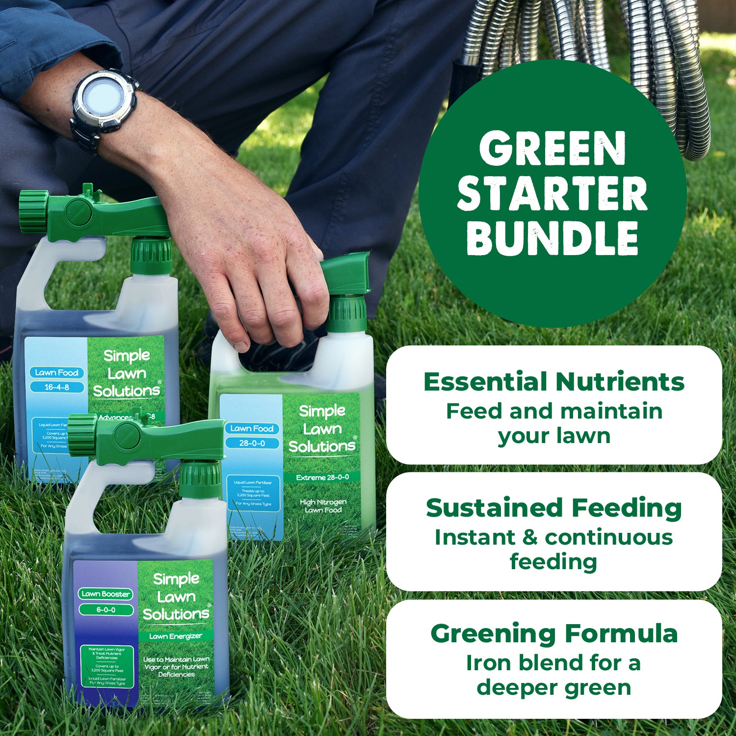 Man kneeling on green lawn behind Green starter bundle on a deep green lawn with text: