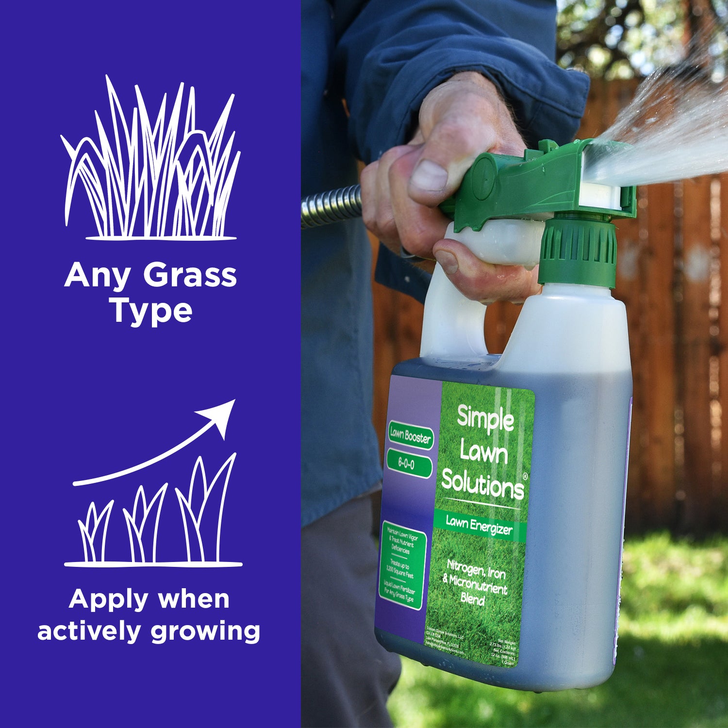 Liquid lawn fertilizer applied with a hose-end sprayer for any grass type, best applied during active growing season