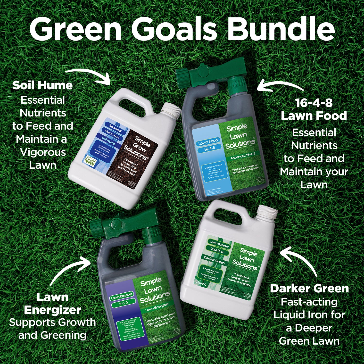 Green Goals Bundle with lawn care products on grass background with features that read 'essential nutrients to maintain and feed your lawn, fast acting liquid iron for a deeper green lawn, supports greening and growth'