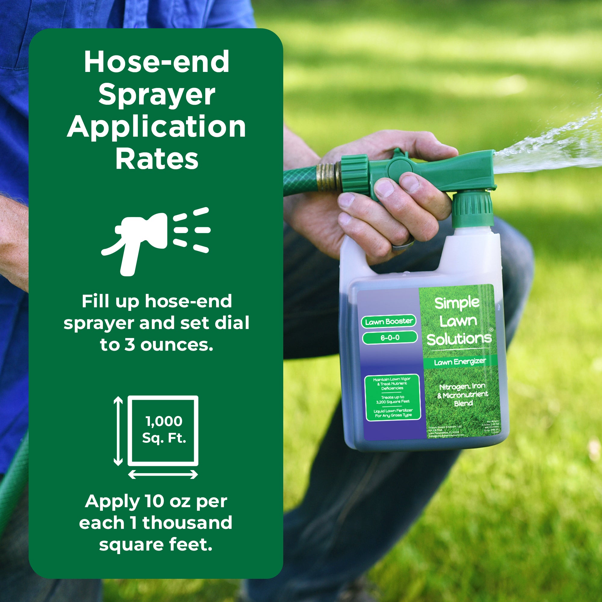 Man applying Lawn Energizer hose-end fertilizer with text, 'Hose-end sprayer application rates: fill up hose-end sprayer and set dial to 3 ounces, apply 10 ounces per 1000 square feet.''