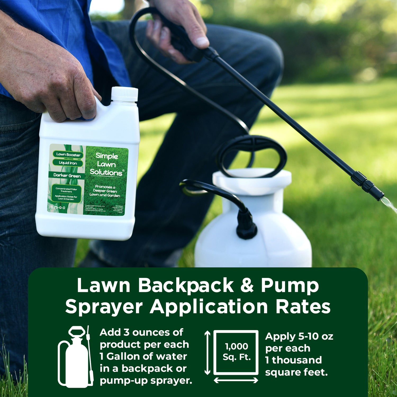 Back-pack sprayer and pump sprayer application of liquid iron to lawn
