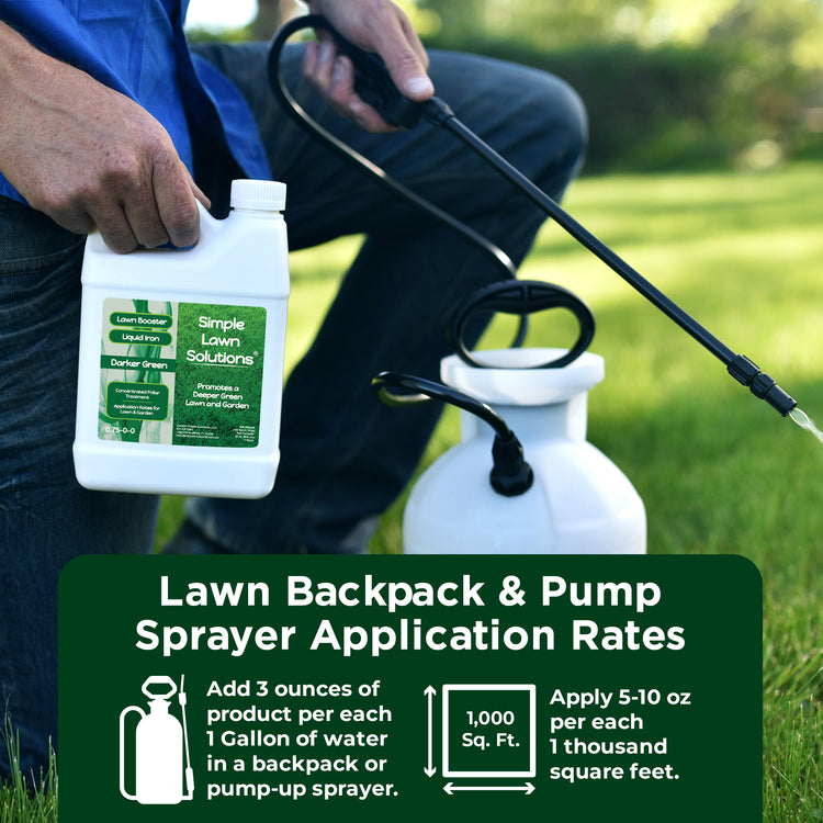 Back-pack sprayer and pump sprayer application of liquid iron to lawn