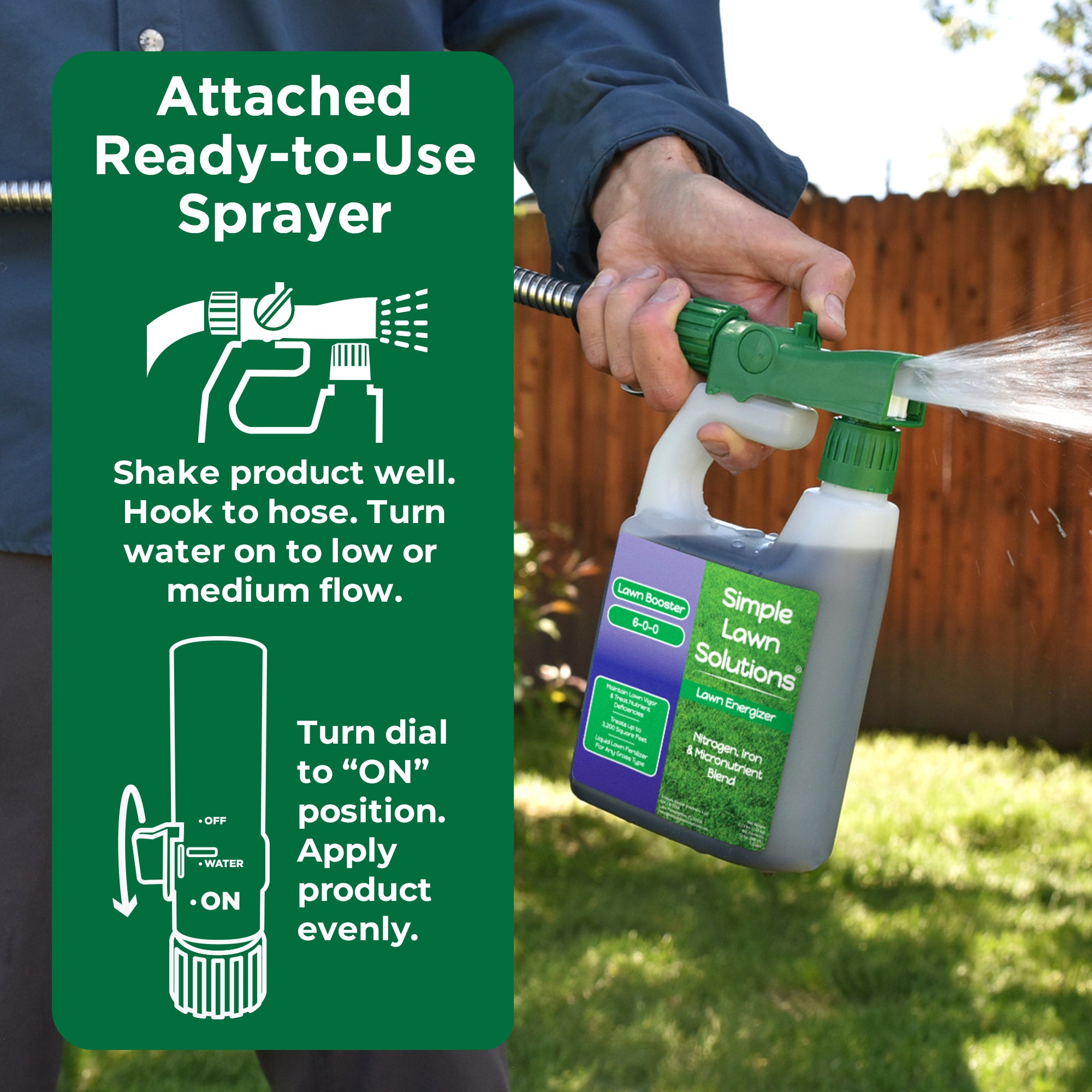 Person using a Simple Lawn Solutions sprayer with attached ready-to-use sprayer and instructions, 'shake product well, hook to hose, turn on water low to medium flow, turn dial to on position and apply product evenly'