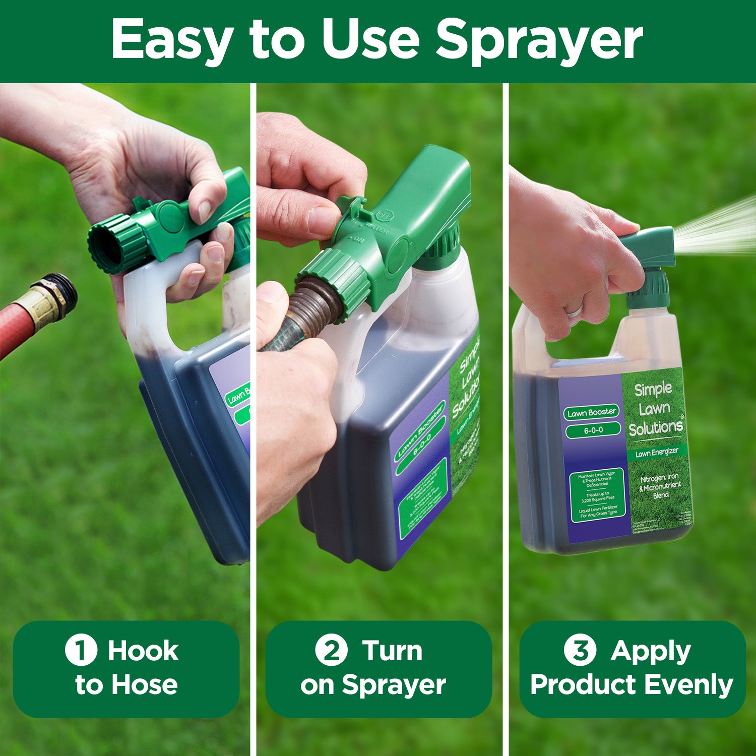 3 step picture of someone hooking hose-end sprayer to hose, tightening, and applying to lawn