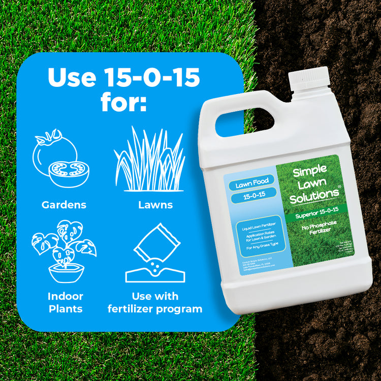 Lawn fertilizer in front of soil and grass background can be used for gardens, lawns, indoor plants