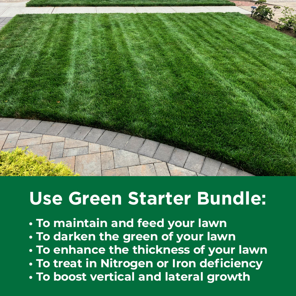 A beautiful manicured green lawn with text: 'Green starter bundle: to maintain and feed your lawn, to darken the green of your lawn, to enhance thickness of your lawn, treat iron or nitrogen deficiency, boost vertical and lateral growth'