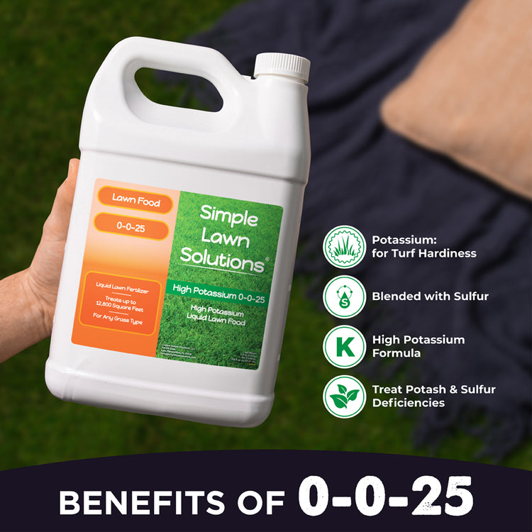 0-0-25 High Potassium Benefits, potassium for turf hardiness, blended with sulfur, high potassium formula, treats potassium and sulfur deficiencies. 