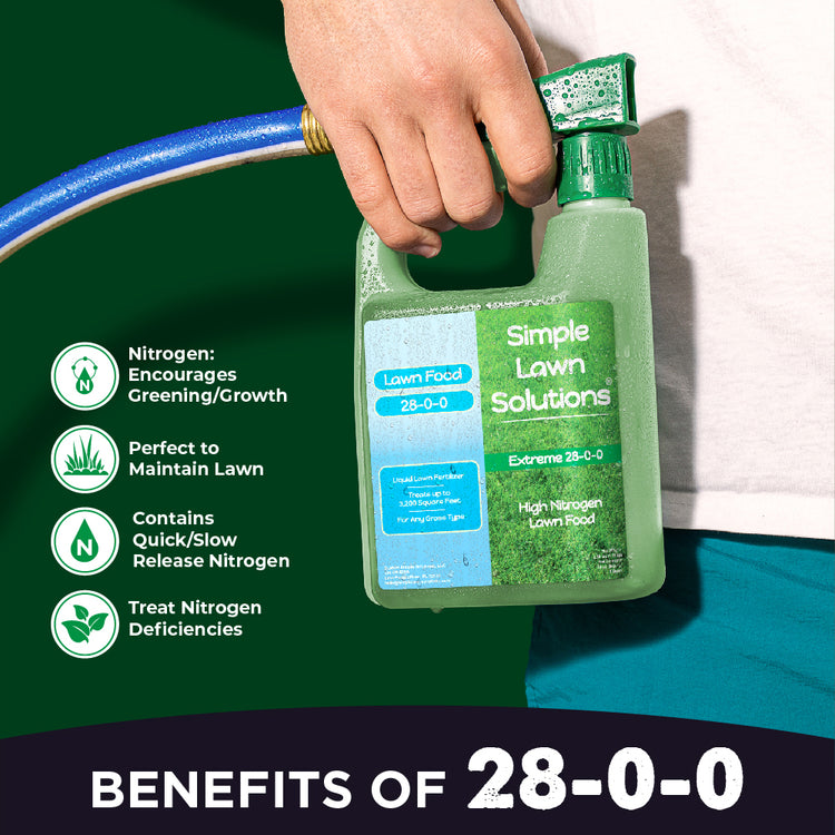 Benefits of 28-0-0, Nitrogen encourages greening and growth, perfect to maintain lawn, contains quick and slow release nitrogen, treats nitrogen deficiencies.