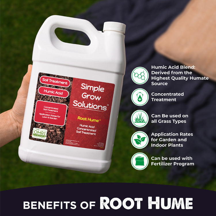 Benefits of Root Hume, Humic acid blend derived from the highest quality humane source, promotes micronutrient uptake, cam be used on all grass types, application rates for lawn and garden, can be used with fertilizer program