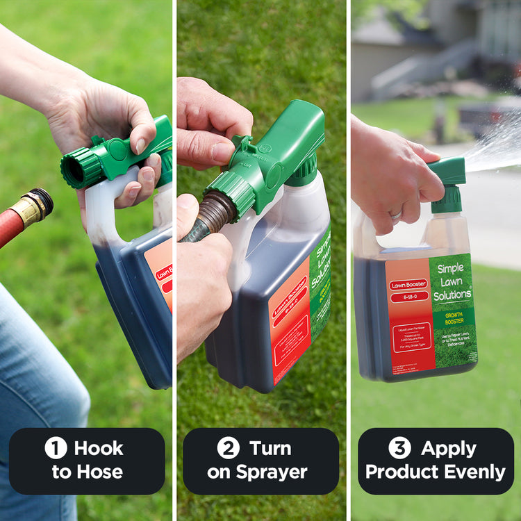 How to hook the growth booster fertilizer to the hose, turn on the sprayer, and apply product