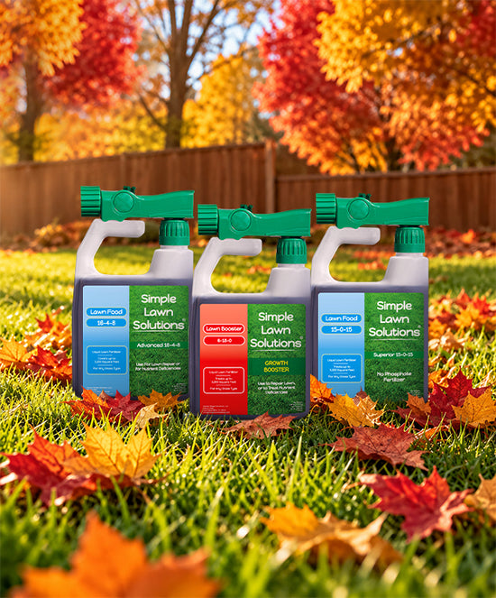 Three bottles of Simple Lawn Solutions lawn care products arranged on grass with scattered autumn leaves, with a blurred background of colorful fall trees.