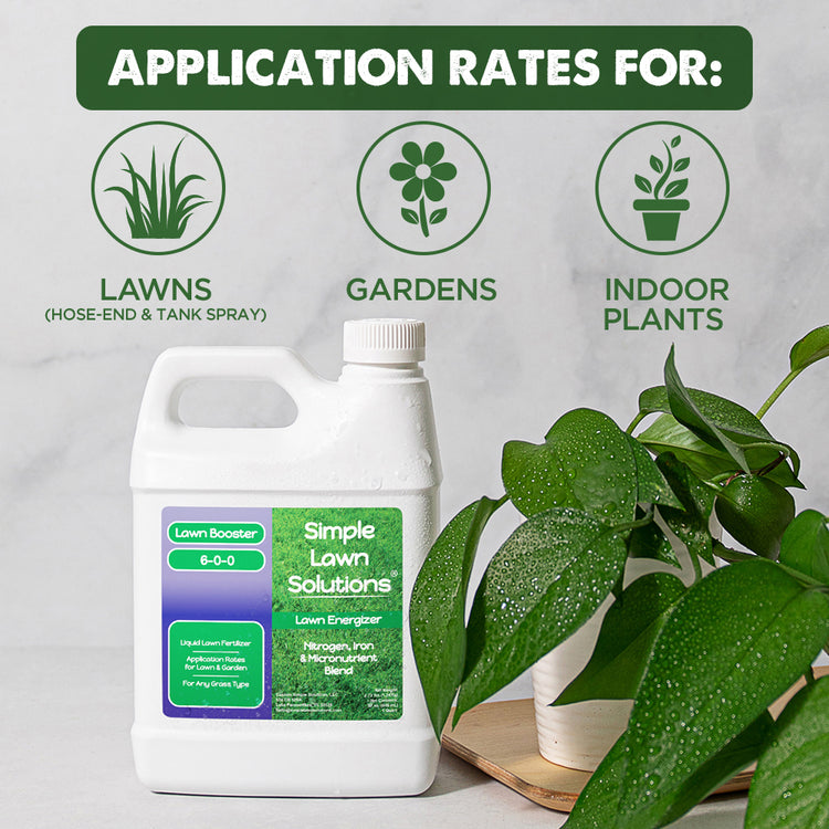 Lawn Energizer has application rates for Lawns, Gardens, and Indoor Plants.