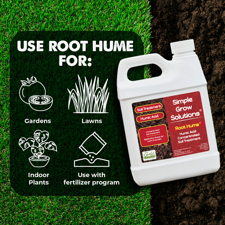 Root Hume with iconography indicating for lawns, indoor plants, gardens and use with fertilizer program