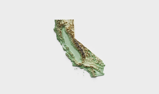 Cut out of the State of California depicting the diverse topography and geography of the state