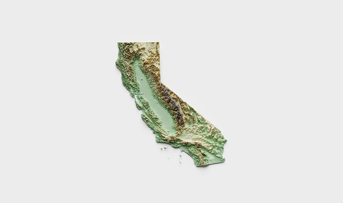 Cut out of the State of California depicting the diverse topography and geography of the state