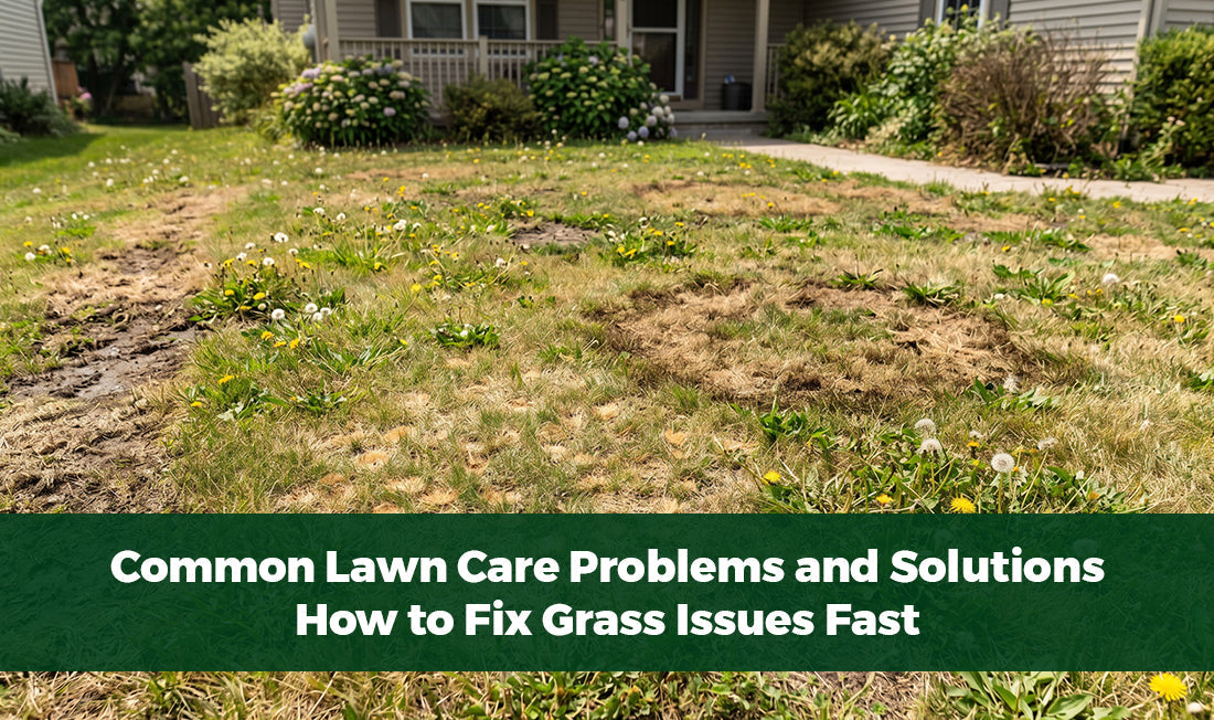 Photograph of a grass lawn with bare patches, yellow and brown spots and weeds with title text, "common lawn problems and solutions: How to fix grass issues fast"