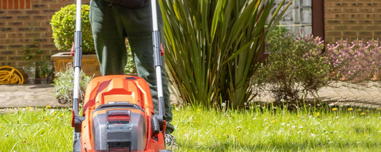 Close-up of person mowing the lawn during the day with shrubs and flowers in the background