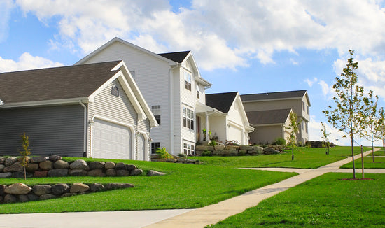 suburban neighborhood with bright green lawns