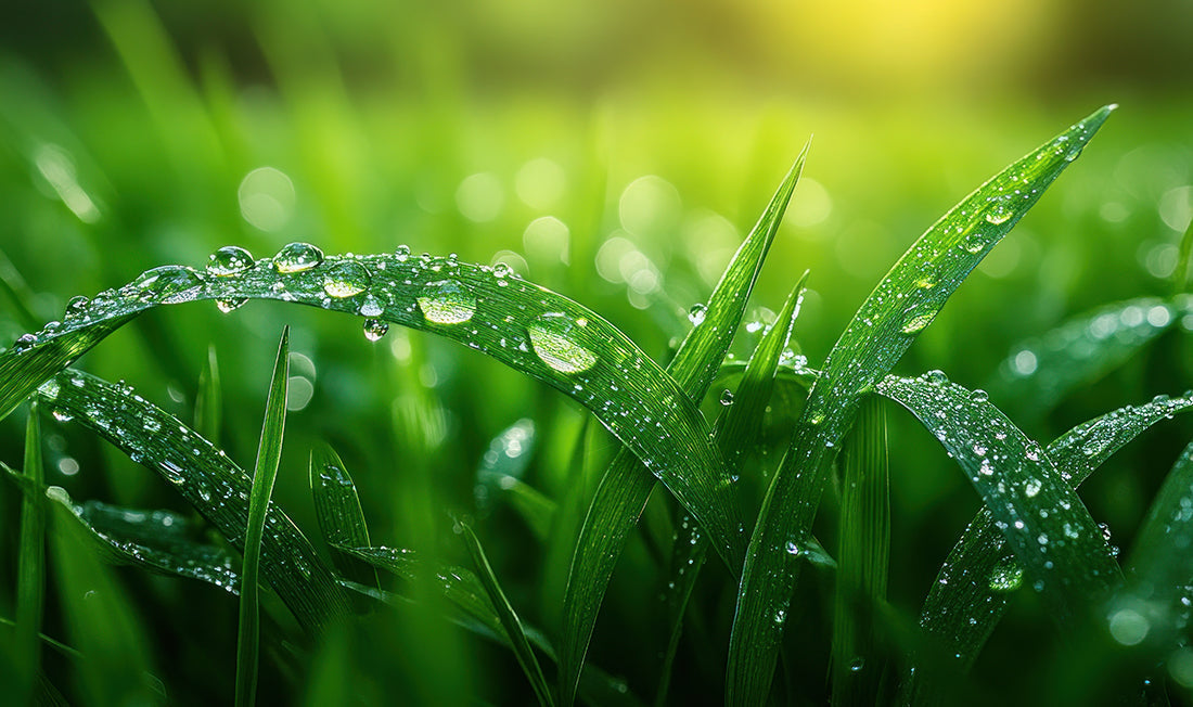 Close-up of green grass blades with water droplets 
