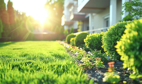 Photo of a beautiful backyard lawn with flowers and shrubs on a sunny day in spring