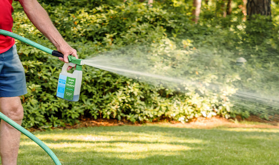 Man in red shirt and shorts fertilizing a green lawn with Simple Lawn Solutions hose-end sprayer lawn fertilizer 