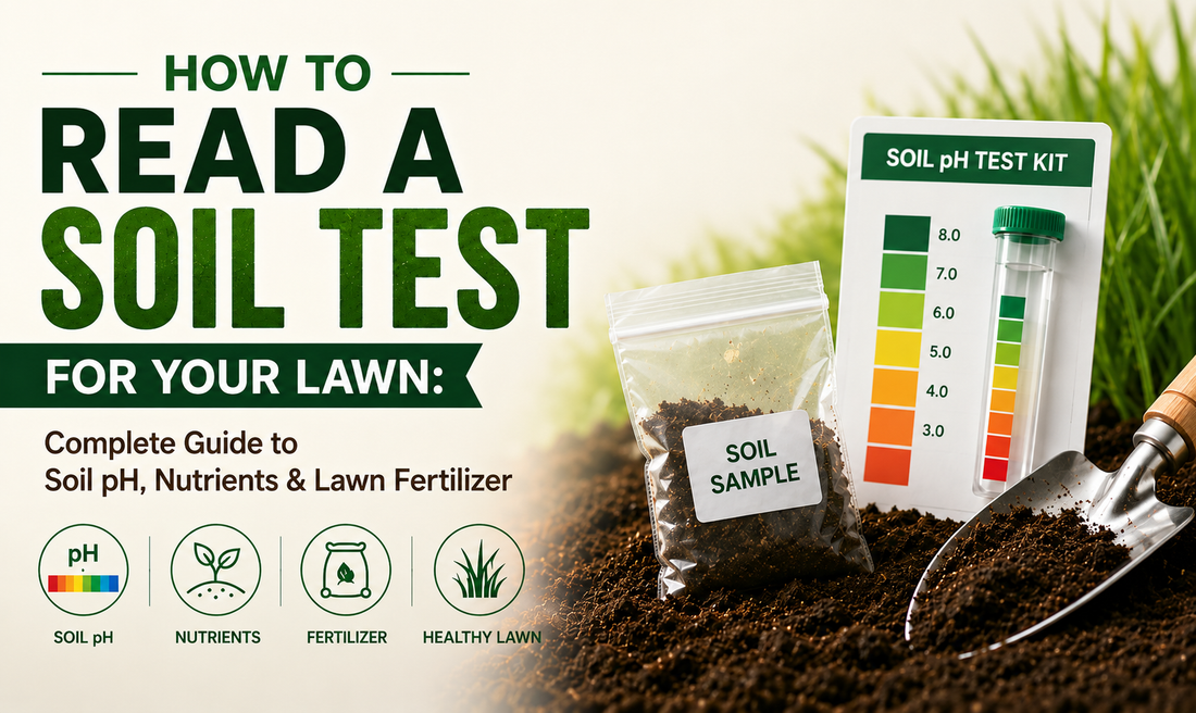 Image of a soil testing kit on top of soil in front of a lawn with decorative text, "How to read a soil test for your lawn: Complete guide to soil pH, nutrients, and lawn fertilizer