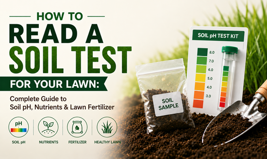 Image of a soil testing kit on top of soil in front of a lawn with decorative text, "How to read a soil test for your lawn: Complete guide to soil pH, nutrients, and lawn fertilizer
