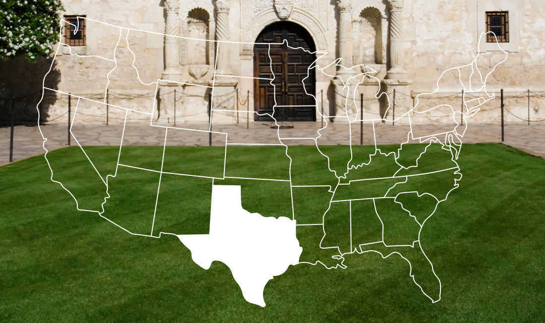 Map of the United States outlined in white, with Texas filled in completely white with a home and lawn in the background