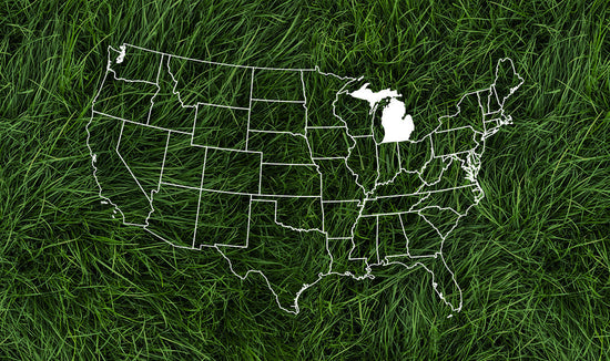 United States outlined in white with a dark green grass background