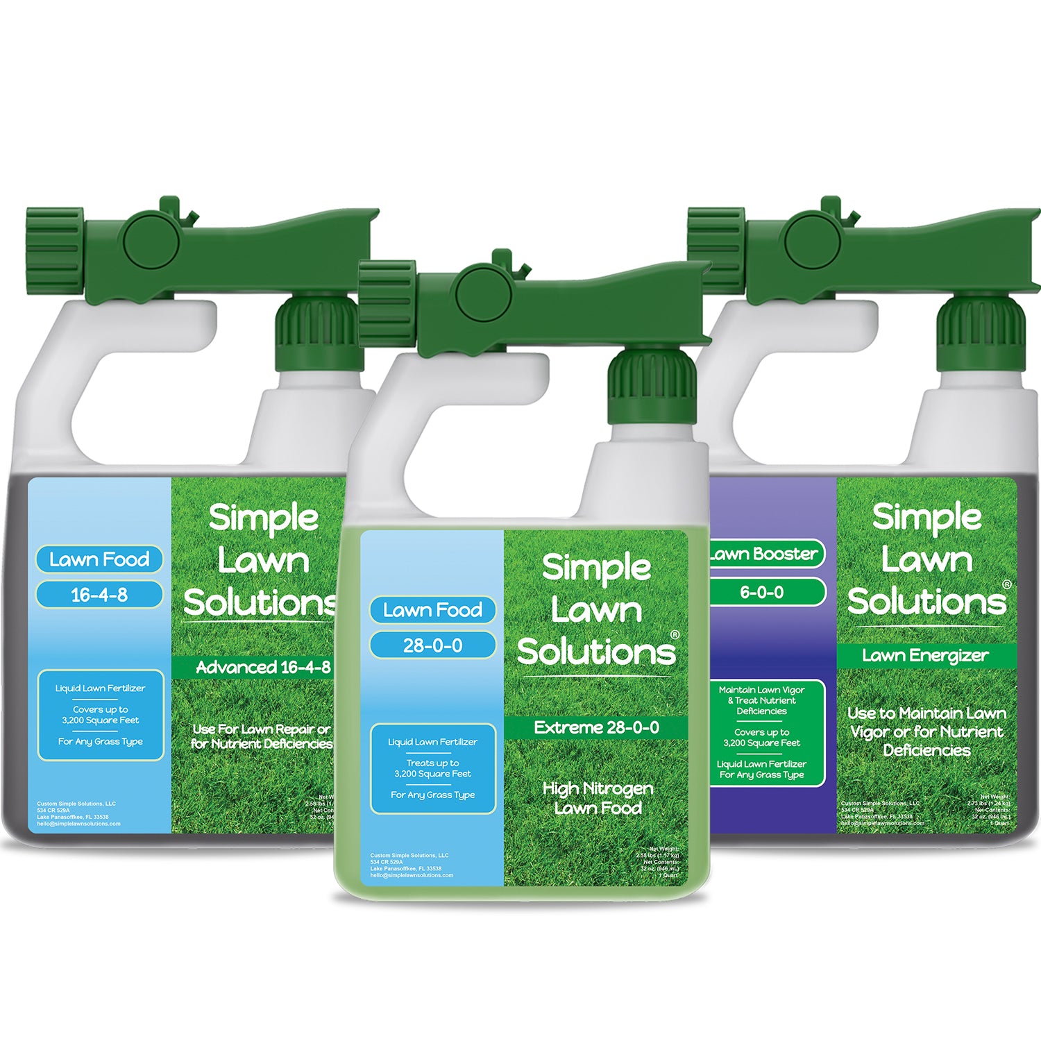 Hose-end Sprayer 16-4-8 NPK Lawn Food Fertilizer, 28-0-0 High Nitrogen Lawn Food Fertilizer, and Lawn Energizer 6-0-0 Nitrogen, Iron, and Micro Nutrient Lawn Fertilizer by Simple Lawn Solutions