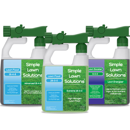Hose-end Sprayer 16-4-8 NPK Lawn Food Fertilizer, 28-0-0 High Nitrogen Lawn Food Fertilizer, and Lawn Energizer 6-0-0 Nitrogen, Iron, and Micro Nutrient Lawn Fertilizer by Simple Lawn Solutions