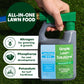 Simple Lawn Solutions Ready-to-use fertilizer containing nitrogen, phosphorus, potassium in front of green grass