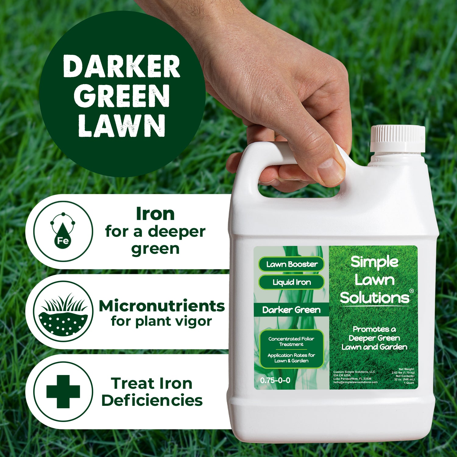 darker green liquid iron fertilizer with nitrogen, iron and micro nutrients in front of a grass background