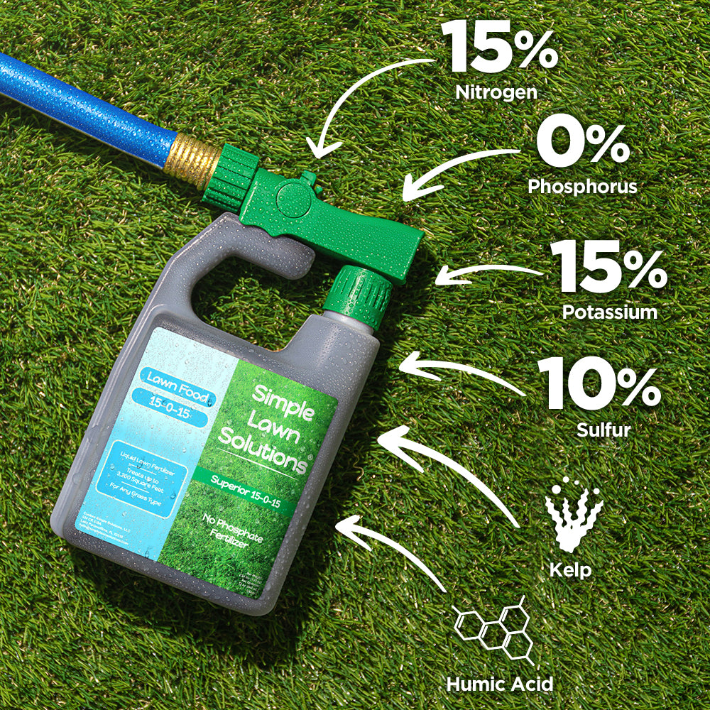 15-0-15 liquid lawn fertilizer attached to hose-end sprayer on a green lawn.