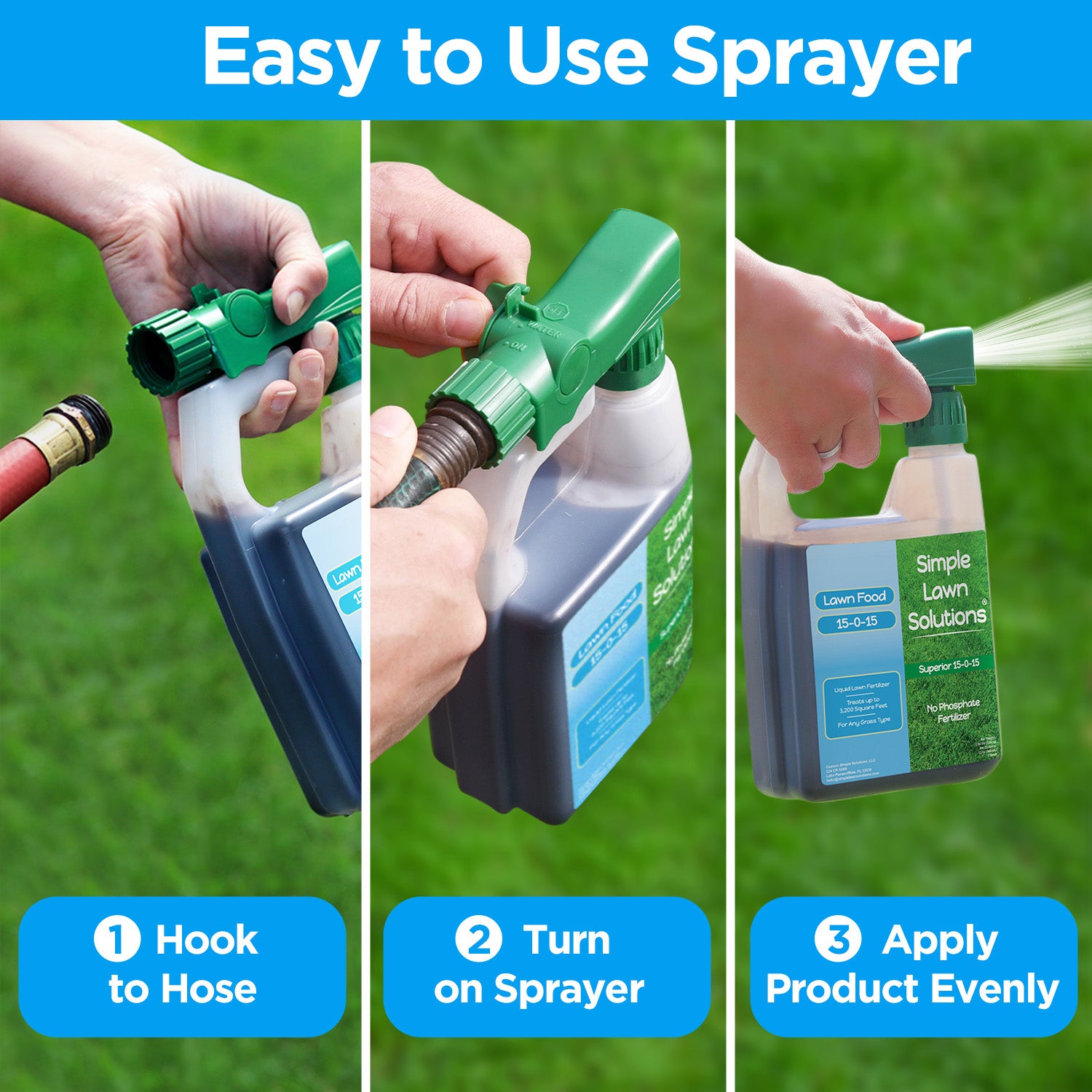 hook fertilizer to hose, turn on sprayer dial, apply product to lawn