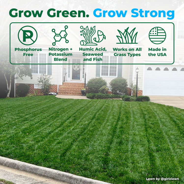 A green lawn with striped mowing patterns in front of a suburban house. A large promotional graphic at the top reads &