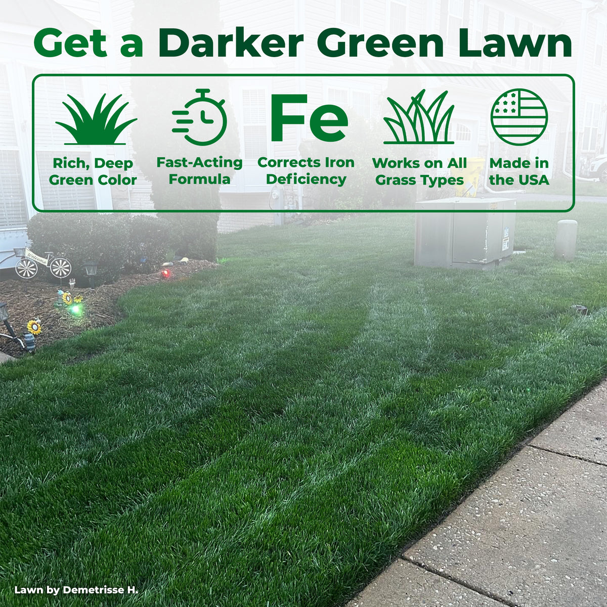 A lawn care promotional image showing a green lawn with a large text banner at the top reading &