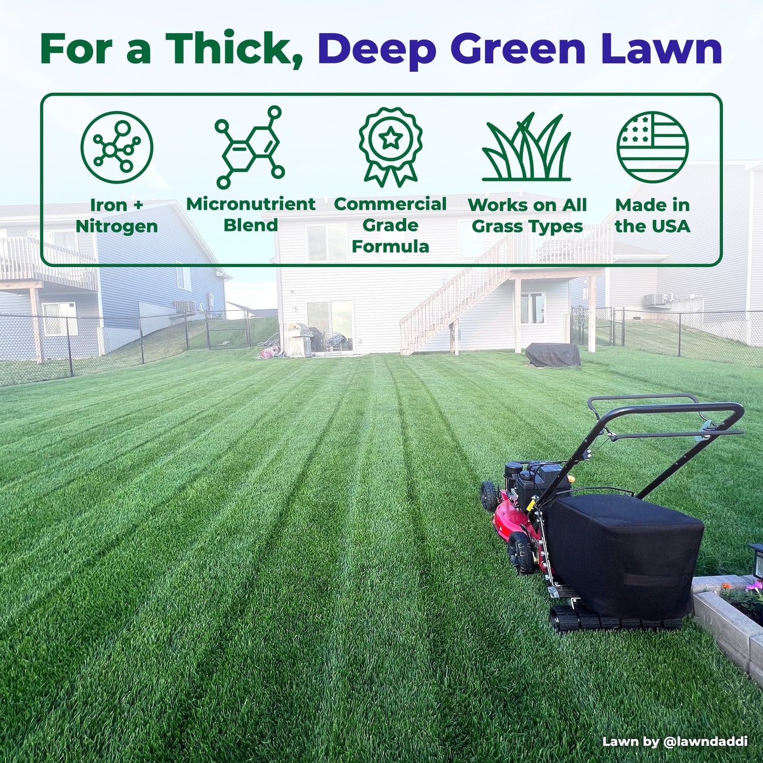 A lawn care marketing image showing a freshly mowed green lawn with a red and black push mower in the foreground. A large text and icon banner at the top reads &