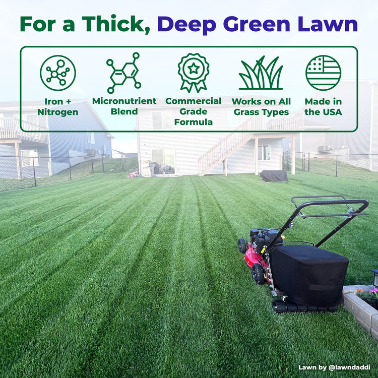 A lawn care marketing image showing a freshly mowed green lawn with a red and black push mower in the foreground. A large text and icon banner at the top reads &