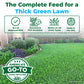 Promotional graphic for a liquid lawn fertilizer showing a lush green lawn in a landscaped backyard. Large text at the top reads &