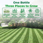 Photograph of a striped lawn with Micro Booster benefits depicted as icons that say, "OMRI Certified for organic use, made in the USA, application rates for lawn, garden, and houseplants."
