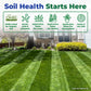 Photo of lawn with text, "soil health starts here: OMRI listed, humic acid and seaweed, application rates for lawn, garden, and houseplants, made in the USA."