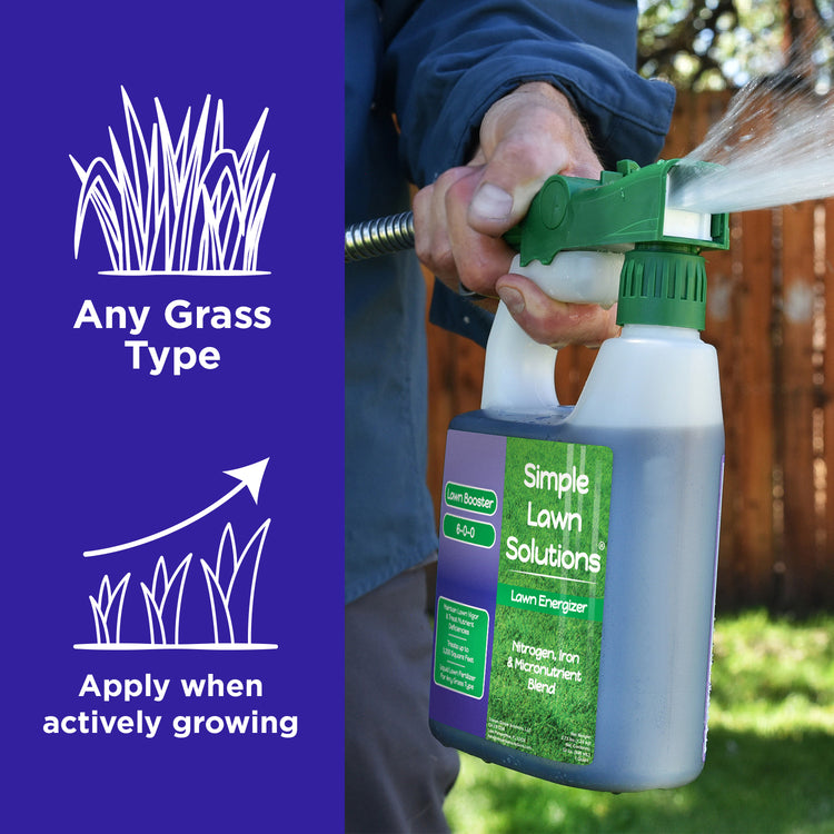 Liquid lawn fertilizer applied with a hose-end sprayer for any grass type, best applied during active growing season