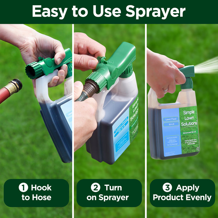 3 step visual guide on how to use Simple Lawn Solutions hose-end sprayer. Hook to hose, turn on sprayer, and applying the fertilizer to lawn.