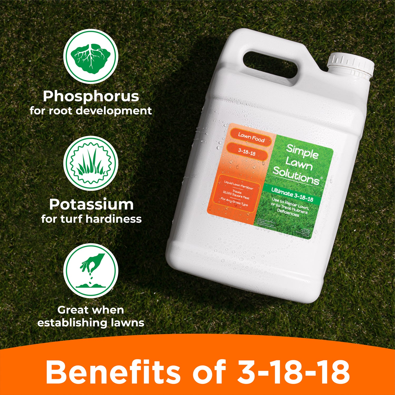 high phosphorus fertilizer pictured on deep green low cut grass