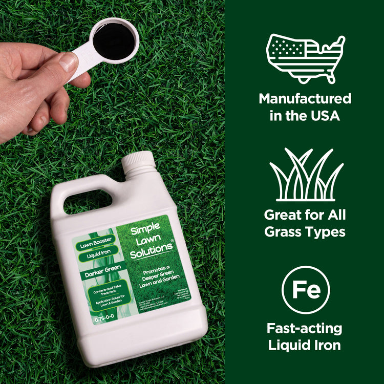 Measuring spoon of liquid iron fertilizer made in the USA, for all grass types, fast-acting liquid iron