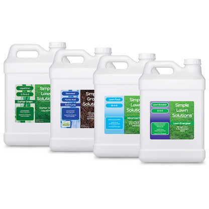 Simple Lawn Solutions Green Goals Bundle four 2.5 gallon lawn care products with labels, including bottles and spray containers, darker green iron, seaweed soil hume, 16-4-8 lawn food, and lawn energizer on a white background.