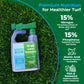 A bottle of Simple Lawn Solutions Lawn Food 15-0-15 fertilizer placed on artificial grass, with a large promotional text panel on the right highlighting nitrogen, phosphorus, humic acid, and fish & seaweed benefits.